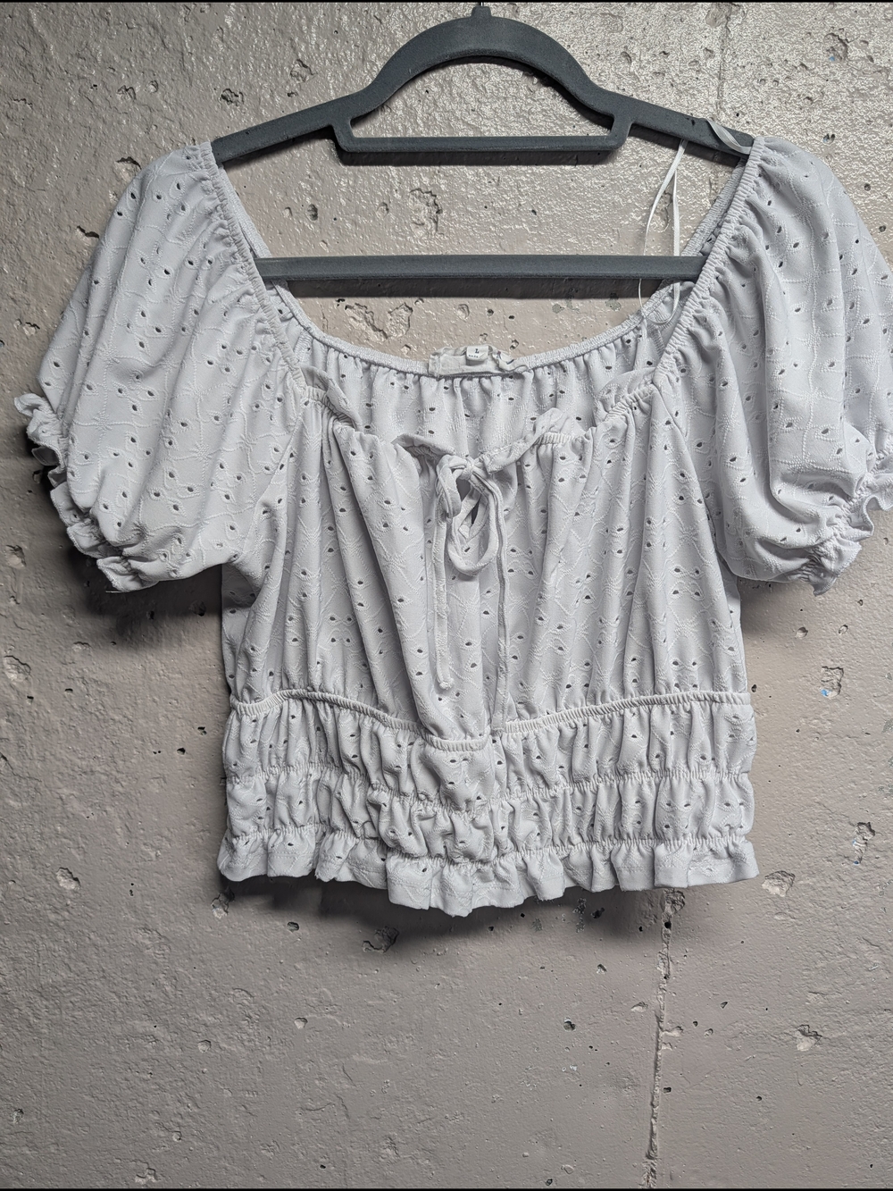 Hippie Rose OffWhite Eyelet Puff Sleeve Ruffle Crop Top Cottagecore